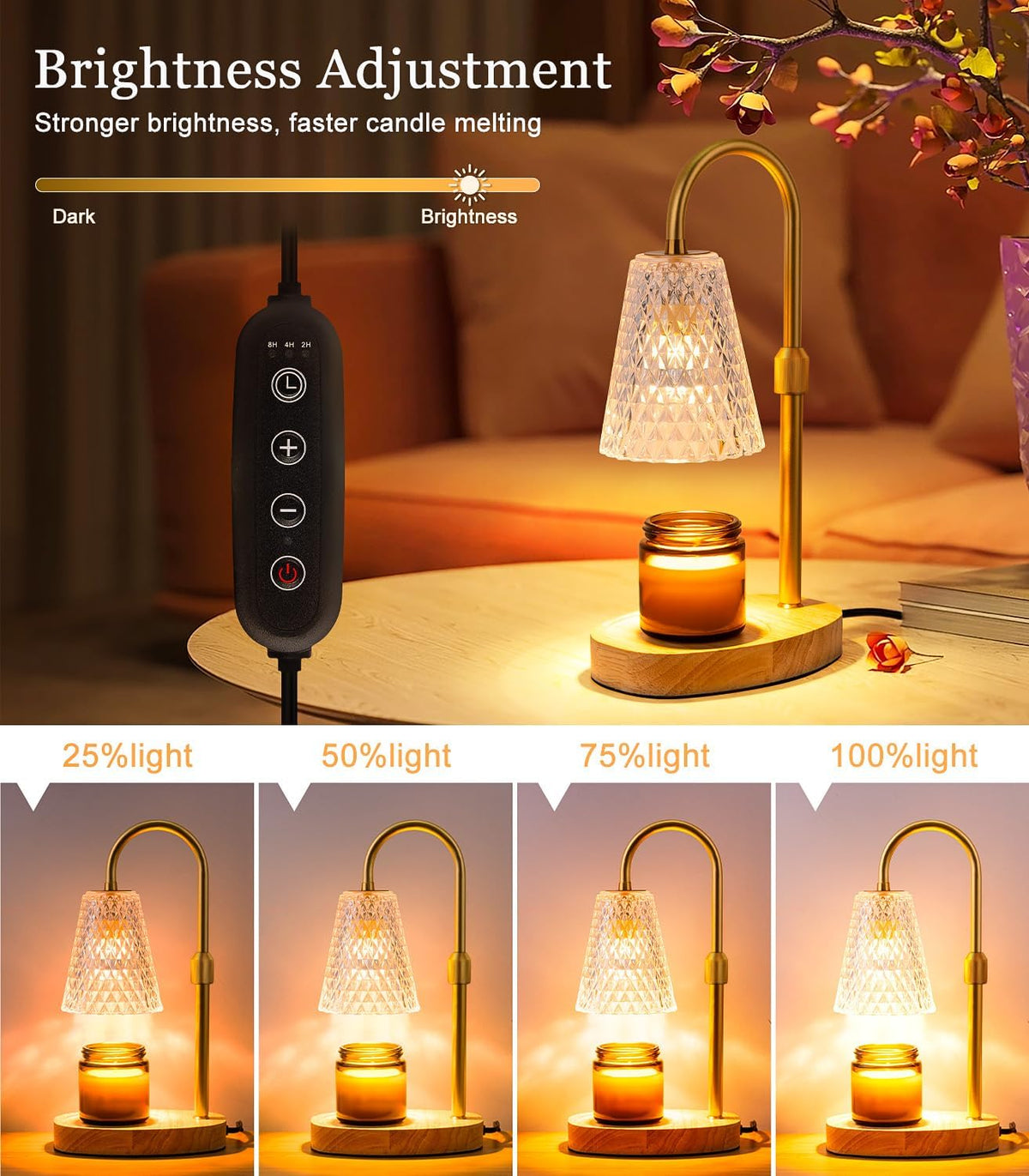 Candle Warmer Lamp Electric Timer - Candles Wax Warmers Glass Lamps for Jar Candles Burner No Flame Scented Melting Warming Lantern Adjustable Height Dimmable Light with 2 Bulb for Home Living Bedroom