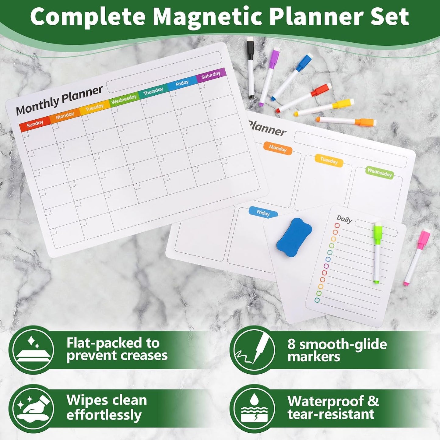 FINDMAG 4 Pack Fridge Calendar, Magnetic Calendar for Dry Erase, Black | Magnetic Dry Erase Board, Monthly Calendar for Fridge with 8 Markers & Eraser