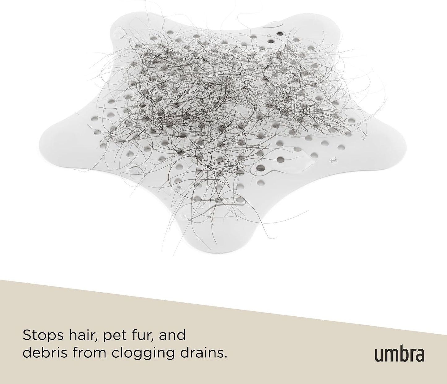Umbra Starfish Hair Catcher, Suction Cup Drain Cover, 6-Inch, White | Silicone material, flexible and durable, water resistant seal, easy to clean, rust proof, fits standard tubs