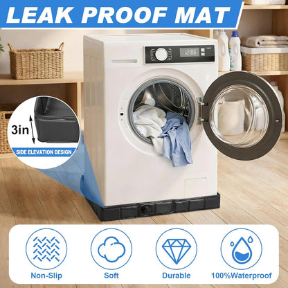 31 x 31 x 3 Inch Foldable Washing Machine Pan Washer Drain Pan with Drain Hole and 4 Pcs Mat, Non Slip Leak Proof Anti Vibration Waterproof Drip Tray for Washer Dryer Floor Protection