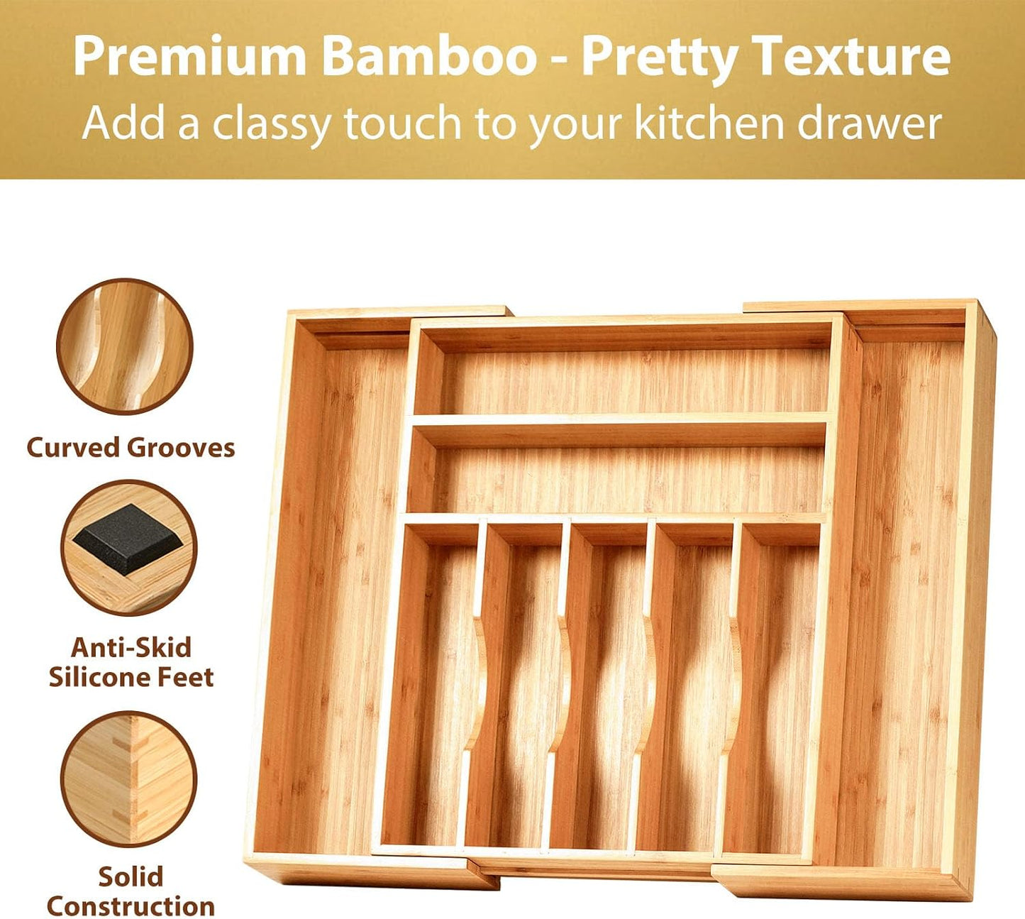 Large Expandable Kitchen Silverware Utensils Drawer Organizer, 2.5" Extra High Adjustable Drawer Divider with Curved Grooves, Bamboo Wood Cutlery Tray Flatware Holder