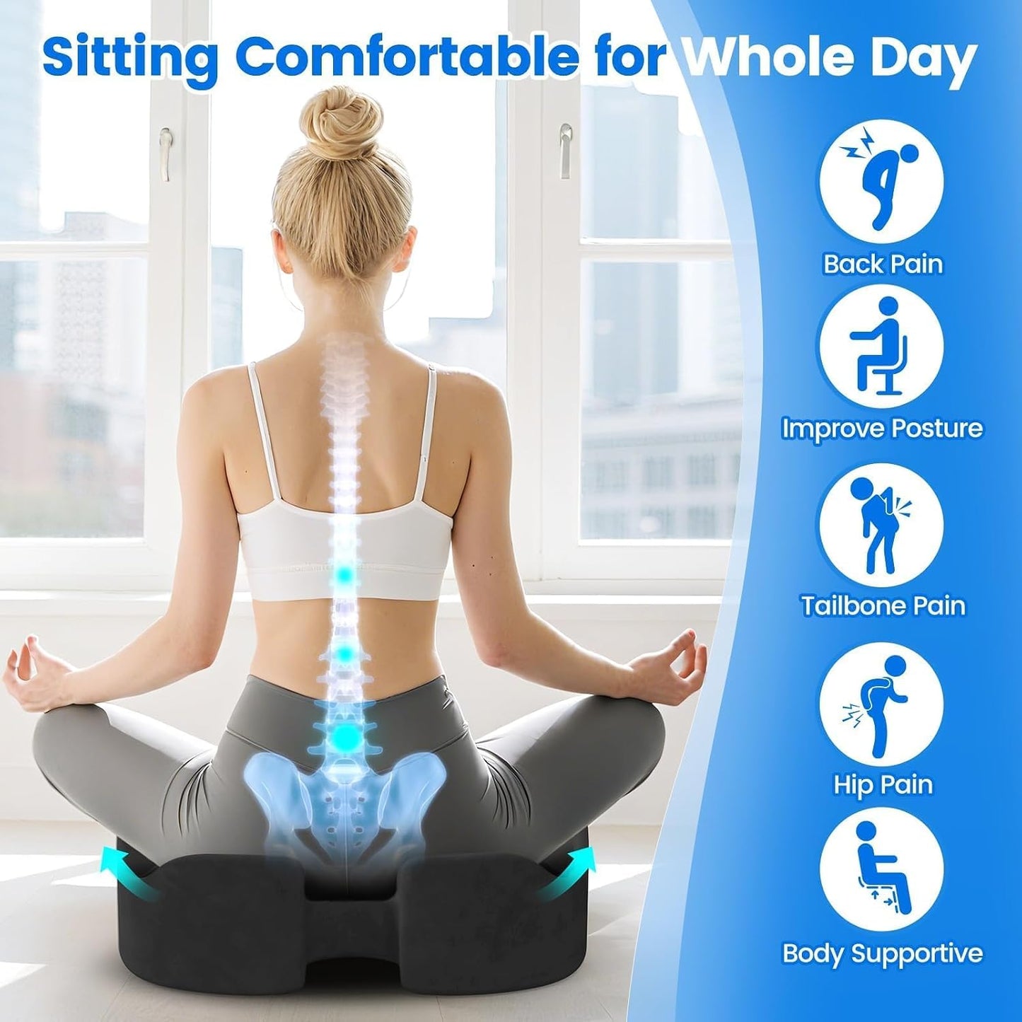 Seat Cushion, Non-Slip Memory Foam Chair Cushion for Taibone, Black/Large | Chair Pillow with Handles for Car Office Chair, Tailbone/Sciatica Easing& Post-Surgery Recovery Chair Cushion