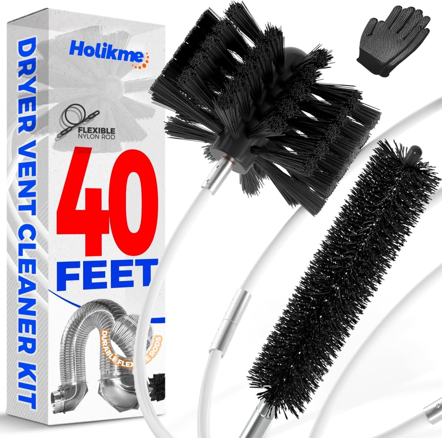Holikme Dryer Vent Cleaner Kit - 40Ft Flexible Lint Brush for Deep Cleaning | Dryer Vent Cleaner Brush with Drill Attachment, Removes Years of Lint Buildup, Improves Airflow, Faster Drying & Fire Safety