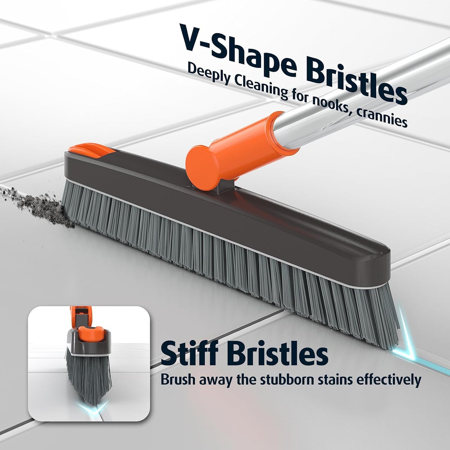 AIR U+ Heavy Duty Grout Scrub Brush with Long Handle & Hair Clip | 180° Swivel Scrub Brush V-Shape Grout Line Scrubber Stiff Bristles for Deep Cleaning Crevice, Tile Line, Corners