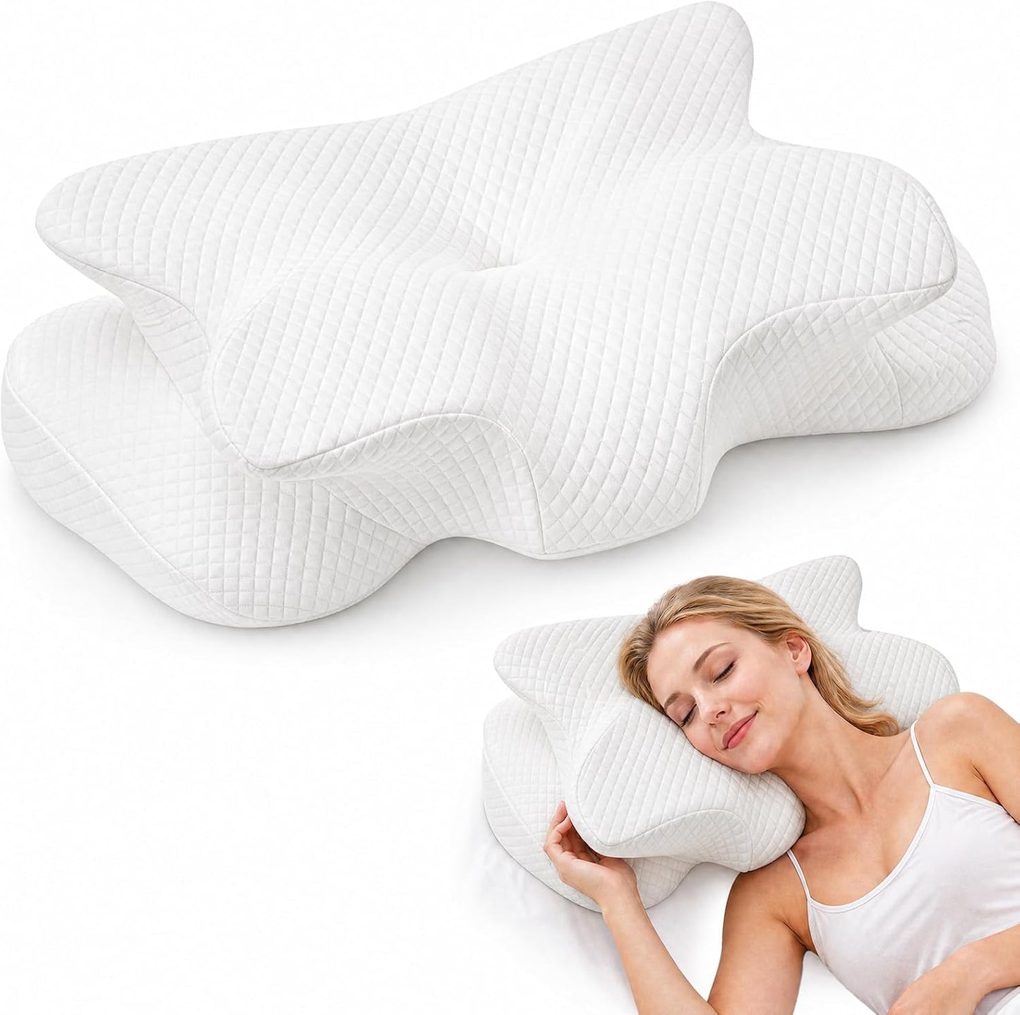 NEWBULIG Cervical Neck Pillow, Ergonomic Contour Memory Foam and Detachable Roll Pillow for Neck Pain Relief Side Back Stomach Sleepers with Cooling Breathable Cover