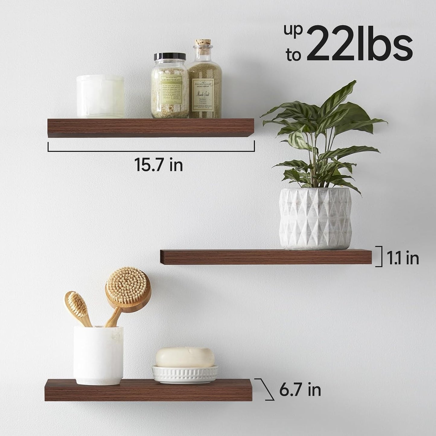 BAYKA Rustic Brown Floating Shelves 22.5in, Set of 2, Wall Mount Wood Shelf | Easy Install, 22lbs Max Load, Hidden Bracket, for Bathroom Bedroom Living Room or Kitchen, Hanging Shelf Book Decor Storage