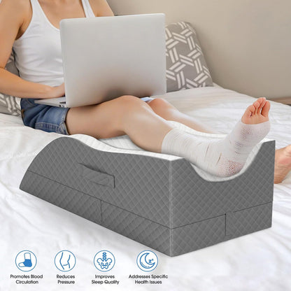 TranquilRelax Leg Elevation Pillows for After Surgery, Wedge Pillow, Grey | Memory Foam, All-around Knee & Ankle Support for Swelling, Height-adjustable, Nop-Slip Bottom, Washable Cover, Single-leg