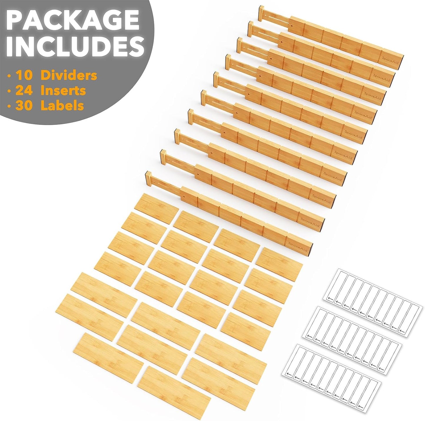 SpaceAid Bamboo Drawer Dividers with Inserts and Labels, Kitchen Adjustable Drawer Organizers, Expandable Organization for Home, Office, Dressers, 4 Dividers with 9 Inserts (17"-22" Natural)
