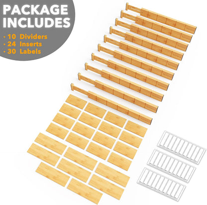 SpaceAid Bamboo Drawer Dividers with Inserts and Labels, Kitchen Adjustable Drawer Organizers, Expandable Organization for Home, Office, Dressers, 4 Dividers with 9 Inserts (17"-22" Natural)