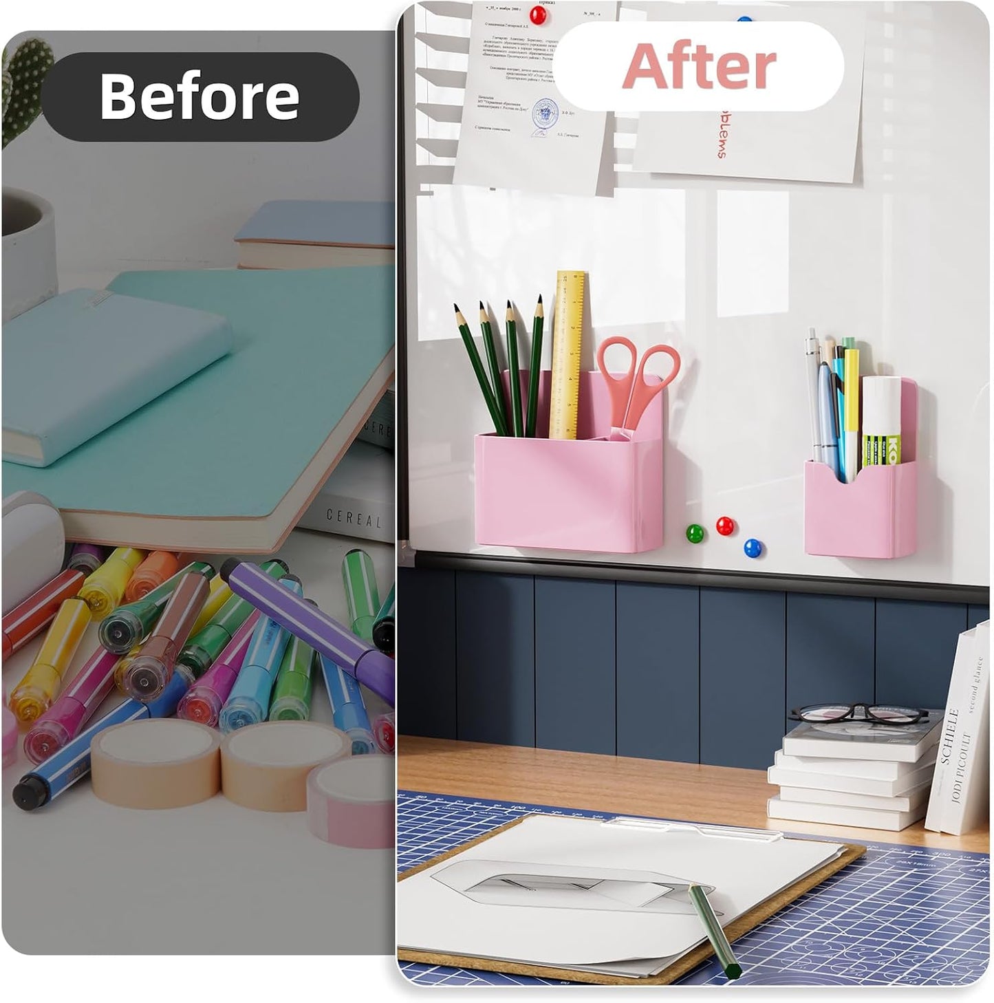 Marbrasse Magnetic Dry Erase Marker Holder,Pen and Eraser Holder for Whiteboard，Magnet Pencil Cup Utility Storage Organizer for Office, Refrigerator, Locker and Metal Cabinets (2 Pack)