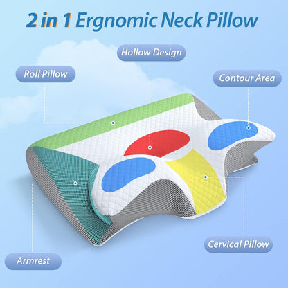HOMCA Memory Foam Cervical Pillow, 2 in 1 Ergonomic Contour Orthopedic Pillow for Neck Pain, Contoured Support Pillows for Side Back Stomach Sleepers