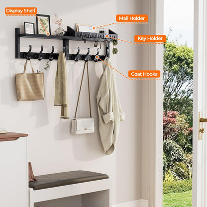 Evermagin 29" Coat Rack Wall Mount with Shelf for Entryway, Rustic Brown | Wall Mounted Coat and Key Rack with Hooks, Key Holder with Mail Organizer for Wall, Living Room, Mudroom, Bedroom
