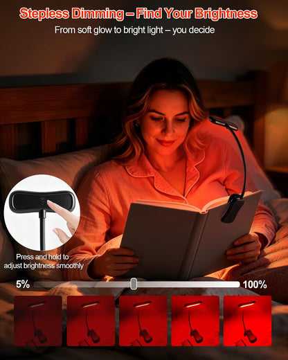 630nm Red Book Light for Reading at Night - Zero Blue Light, Dimmable Reading Lights for Books in Bed, LED Book Lamp Clip on, Gift for Students Parents Nurse Studying Travel [1 Pack]
