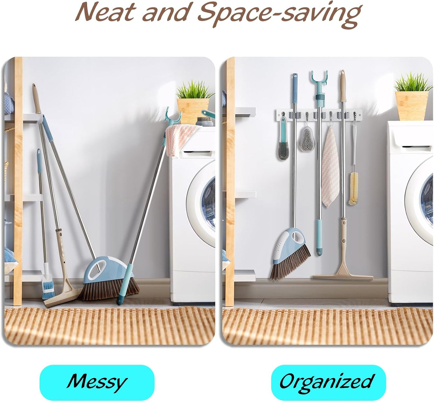 OUTNILI Mop and Broom Holder Wall Mount - Wood Broom Mop Hanger - Wall Mounted Garden Tool Rack Organizer for Closet Garage Laundry Room, Rustic Kitchen Decor With 4 Slots & 4 Hooks