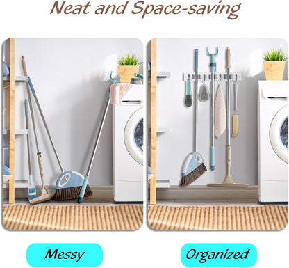 OUTNILI Mop and Broom Holder Wall Mount - Wood Broom Mop Hanger - Wall Mounted Garden Tool Rack Organizer for Closet Garage Laundry Room, Rustic Kitchen Decor With 4 Slots & 4 Hooks