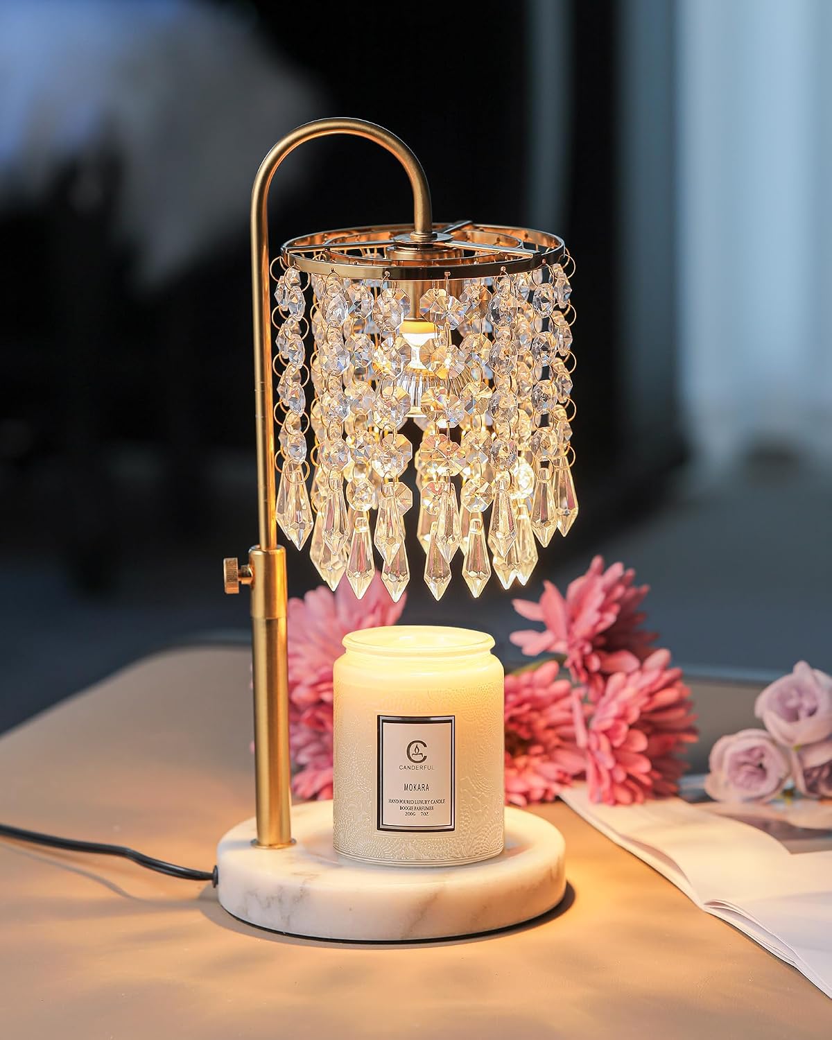 Candle Warmer Lamp with Timer Dimmer and 3 Bulbs, Candle Lamp Warmer with Marble Base for Adjustable Height, Crystal Candle Lamp for Jar Candles, House Warming Gifts Home Room Decor, Silver