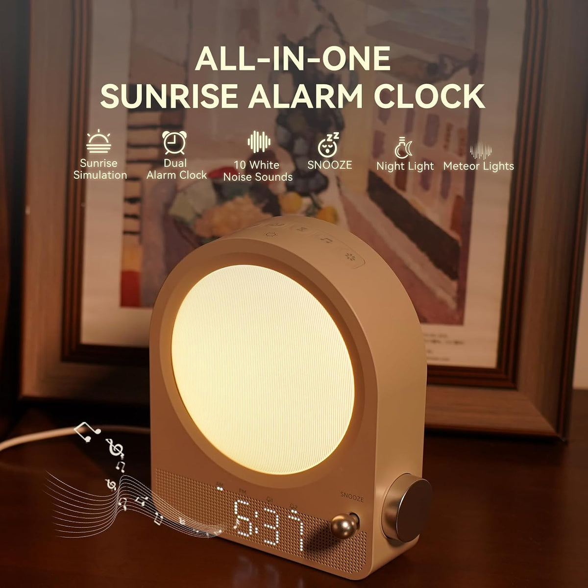 Vivilumens Gradual Sunrise Alarm Clock & White Noise Sound Machine for Better Sleep - Wood Grain Design, Wake-Up Light, Night Light, 10 Natural Sounds, Dual Alarms for Heavy Sleepers
