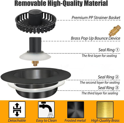 Anlige Kitchen Sink Drain Strainer, 3 in 1 Pop Up Kitchen Sink Stopper, with An Extra Basket Strainer, Universal for US Standard 3-1/2 Inch, Chrome Silver