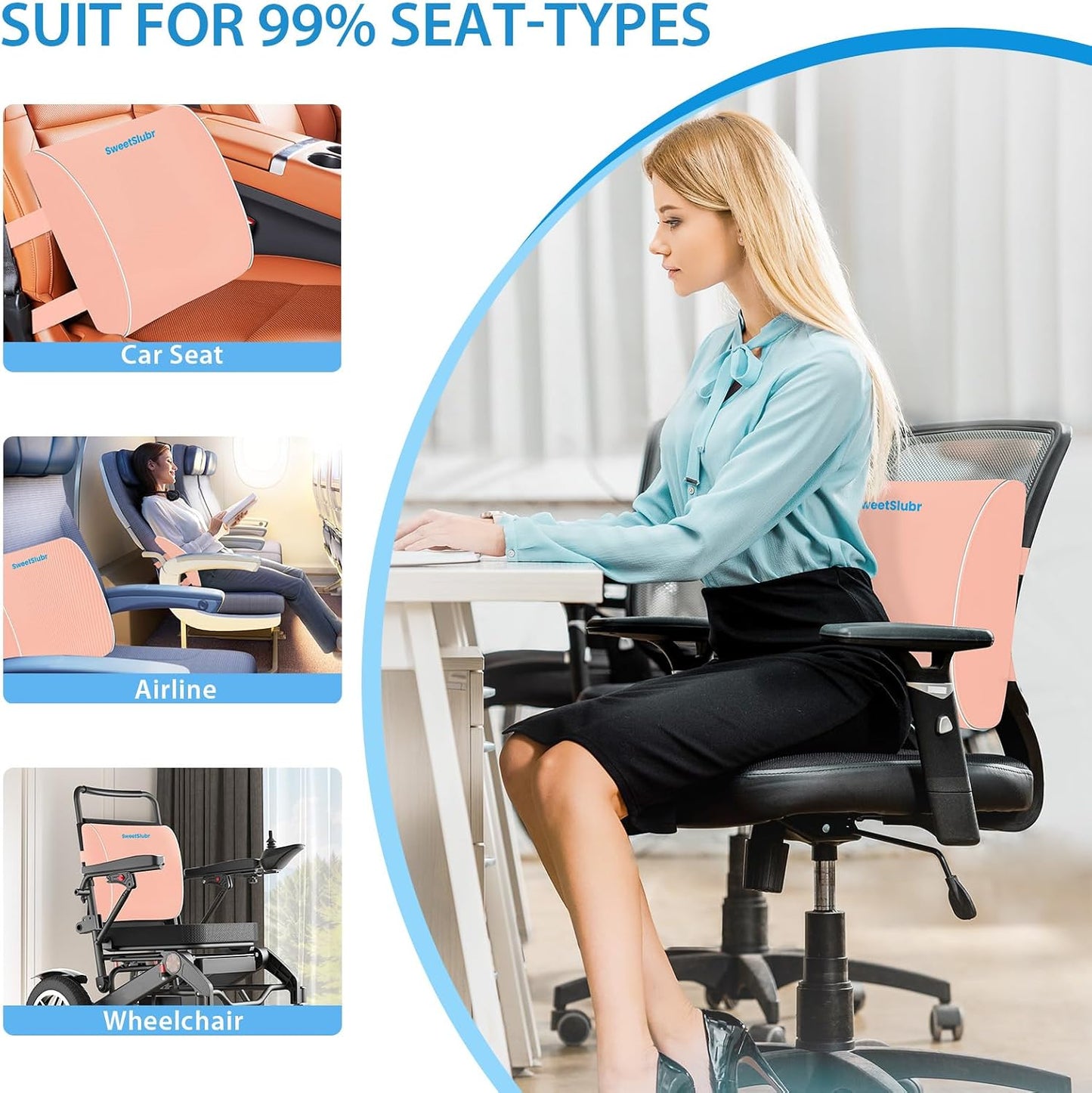 SweetSlubr Lumbar Support Pillow for Office Chair, Car & Gaming Chair, Ergonomic Memory Foam Cushion for Back Comfort, Zoned Back Support, Double Adjustable Straps, Breathable Washable Cover, Black