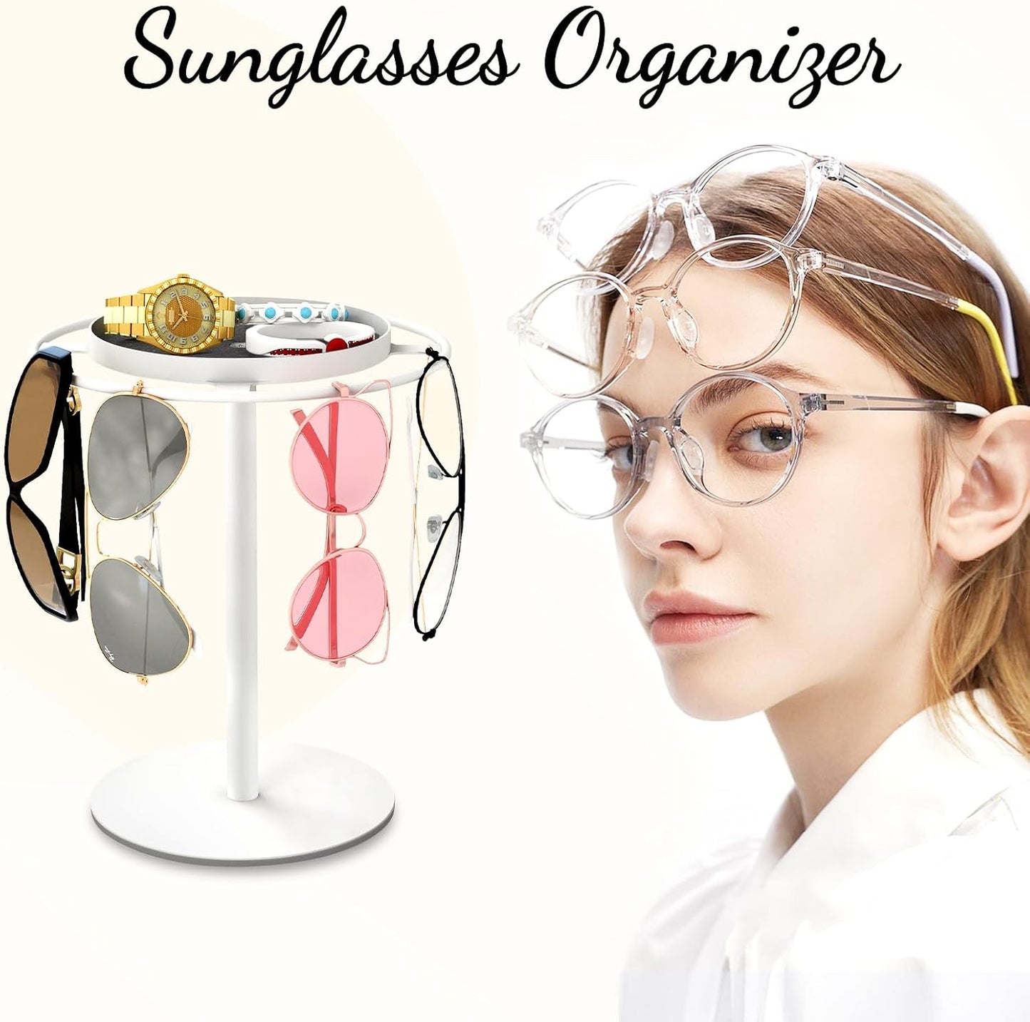 LSK Metal Sunglasses Organizer, Glasses Holder Stand with Storage Tray | Eyeglasses Holder with Anti-Slip Pads for Tabletop, Desk, Dresser, Matte Black