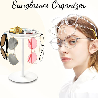 LSK Metal Sunglasses Organizer, Glasses Holder Stand with Storage Tray | Eyeglasses Holder with Anti-Slip Pads for Tabletop, Desk, Dresser, Matte Black