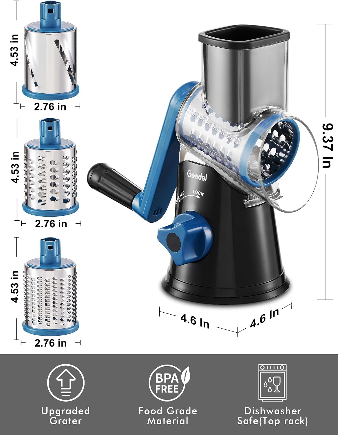 Geedel Rotary Cheese Grater, Kitchen Mandoline Vegetable Slicer with 3 Interchangeable Blades, Easy to Clean Rotary Grater Slicer for Fruit, Vegetables, Nuts | 3 Blades, 430 Stainless Steel, 12x Fast Cutting, Strong Suction Base, No BPA, Dishwasher Safe,