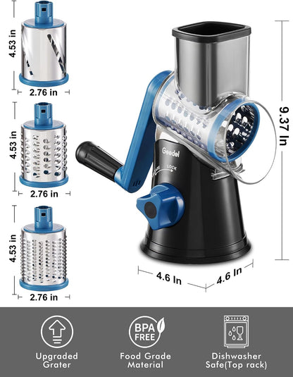 Geedel Rotary Cheese Grater, Kitchen Mandoline Vegetable Slicer with 3 Interchangeable Blades, Easy to Clean Rotary Grater Slicer for Fruit, Vegetables, Nuts | 3 Blades, 430 Stainless Steel, 12x Fast Cutting, Strong Suction Base, No BPA, Dishwasher Safe,