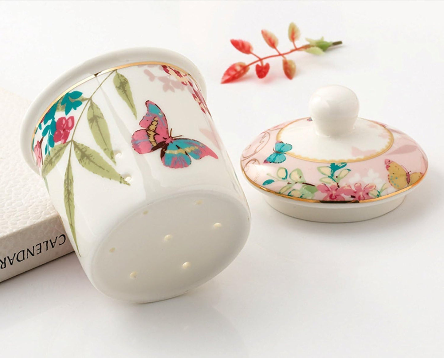 YBKTEX Glass Teapot with Ceramic Warmer- Butterflies Pattern (Pink)