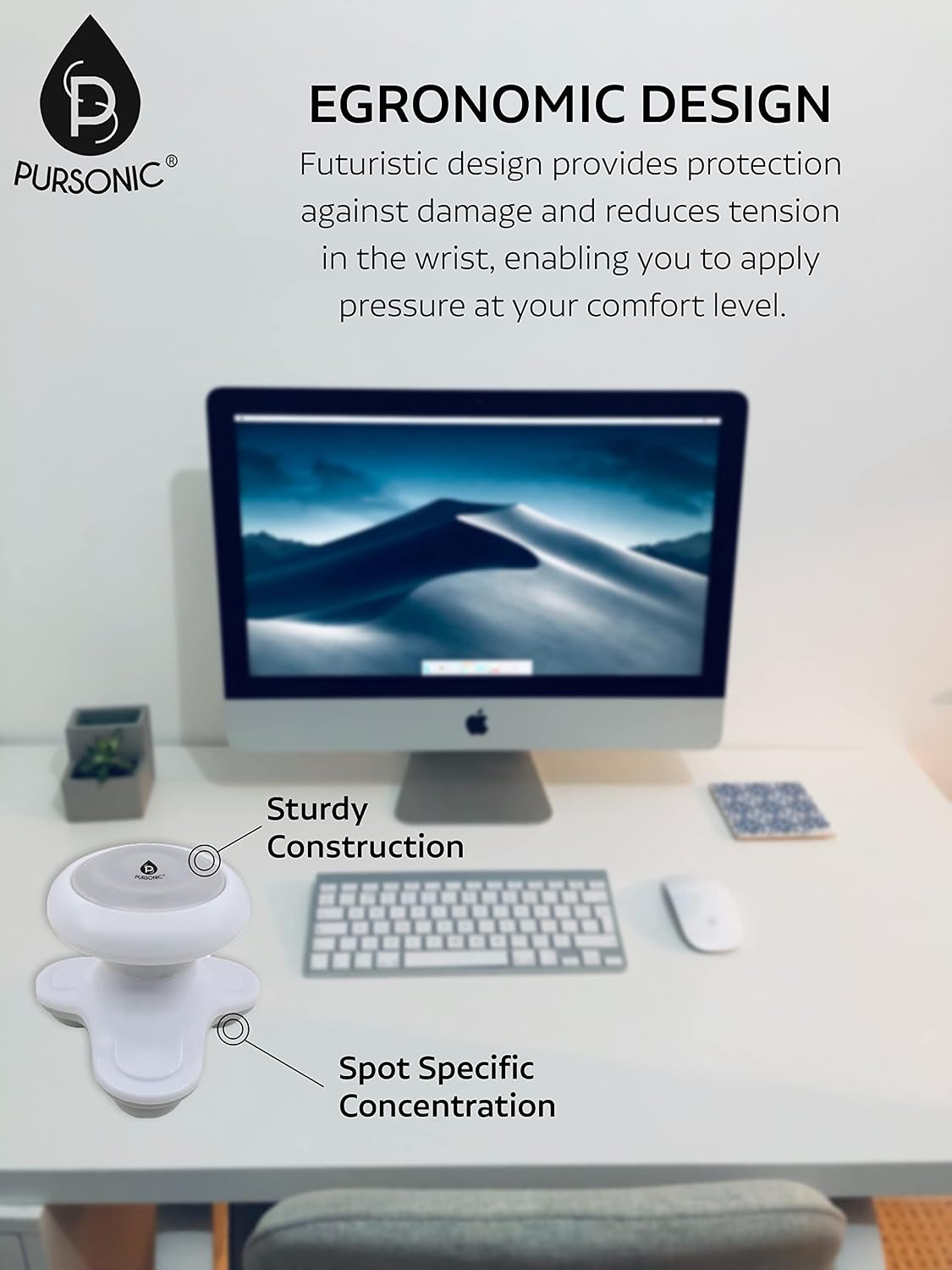 Pursonic Handheld Sport Massager Mini Portable for Hand, Head, Neck, Back, Legs & Arms Pain Relief Easy Grip Handle, 3 Vibrating Massage Modes (White)