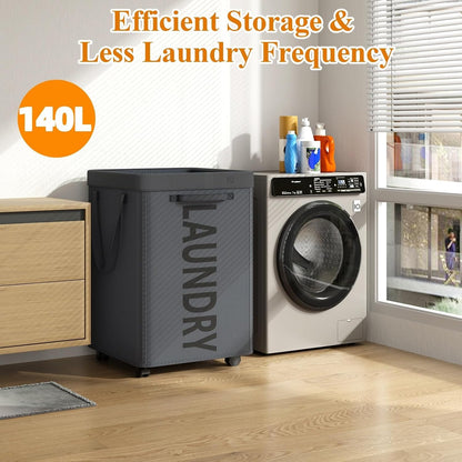 Optish Laundry Basket with Wheels, 90L Rolling Laundry Hamper with Wheels, Large Clothes Hamper on Wheel with Removable Mesh Bag for Bedroom, Dorm Room Essentials, Black
