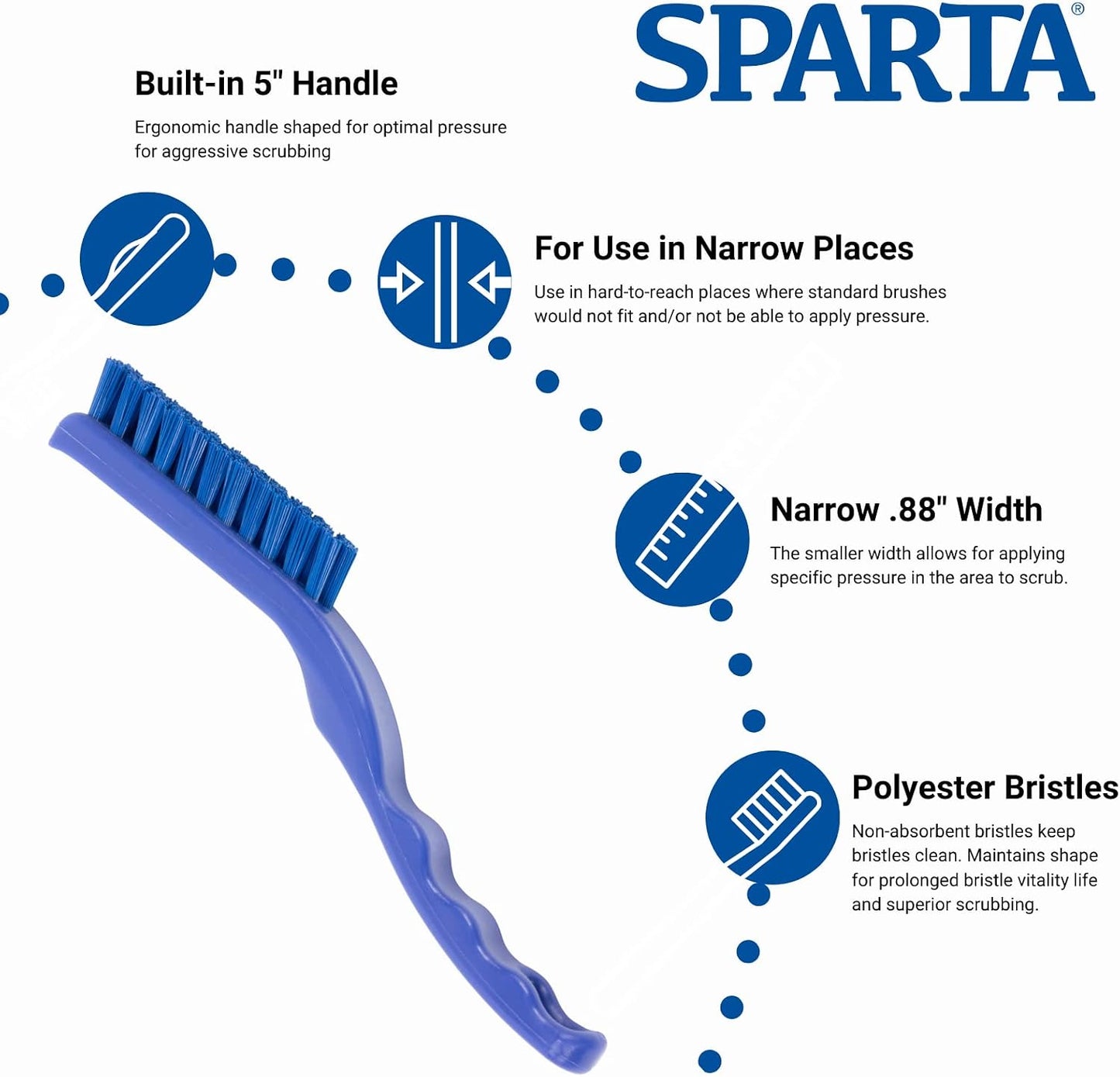 SPARTA Grout Brush with Stiff Nylon Bristles, 8 Inch, White | Flo-Pac, Stiff Crimped Nylon Bristles, 2.75-Inch Brush Section, Narrow Crevices, BPA Free