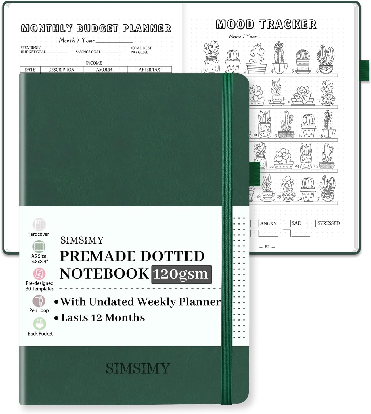 Premade Dotted Journal Notebook with Bullet Templates, Pre-made Dot Grid Journaling with Undated Weekly & Monthly Planner, Various Trackers - 12 Month Organization, A5 Hardcover