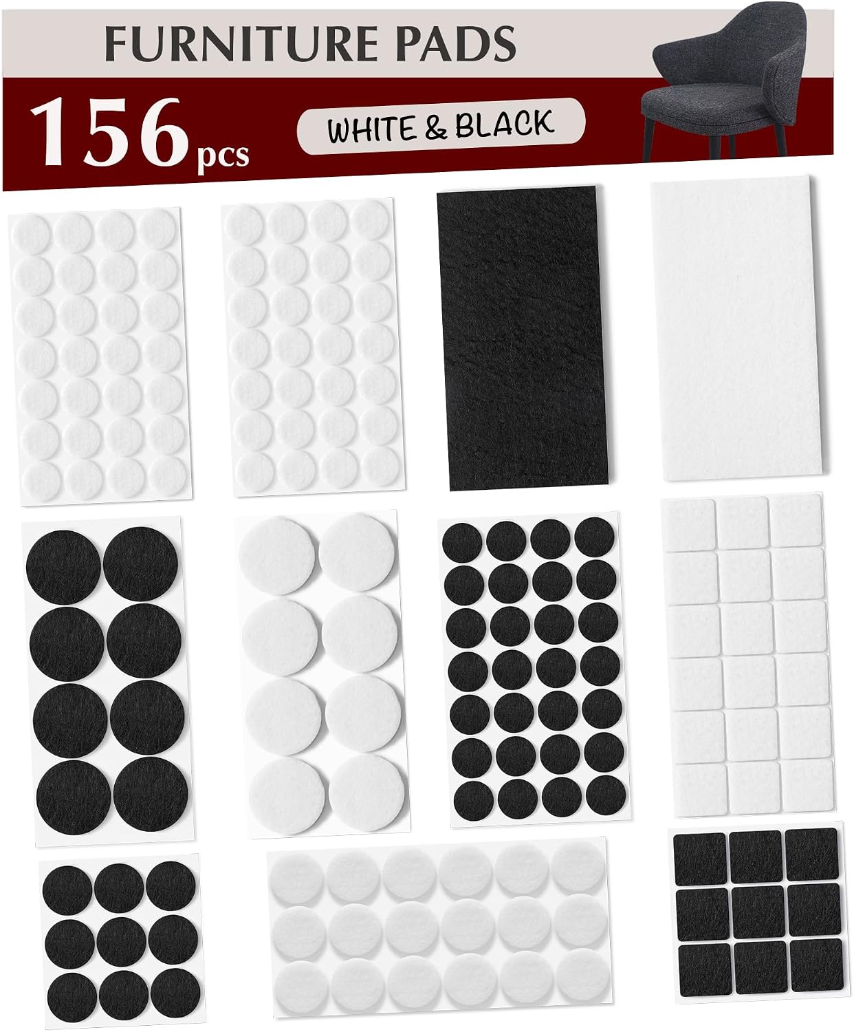 Felt Furniture Pads - 156pcs Black - Chair Leg Floor Protectors - Felt Pads | Furniture Sliders for Hardwood Floors, Chair Foot Pads, Furniture Legs, Felt Pads for Chairs, Floor Protectors for Furniture