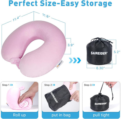 SAIREIDER Travel Pillow 100% Pure Memory Foam Travel Neck Pillow, Airplane Pillow for Traveling、Car、Home、Office，Washable Cover（Black）