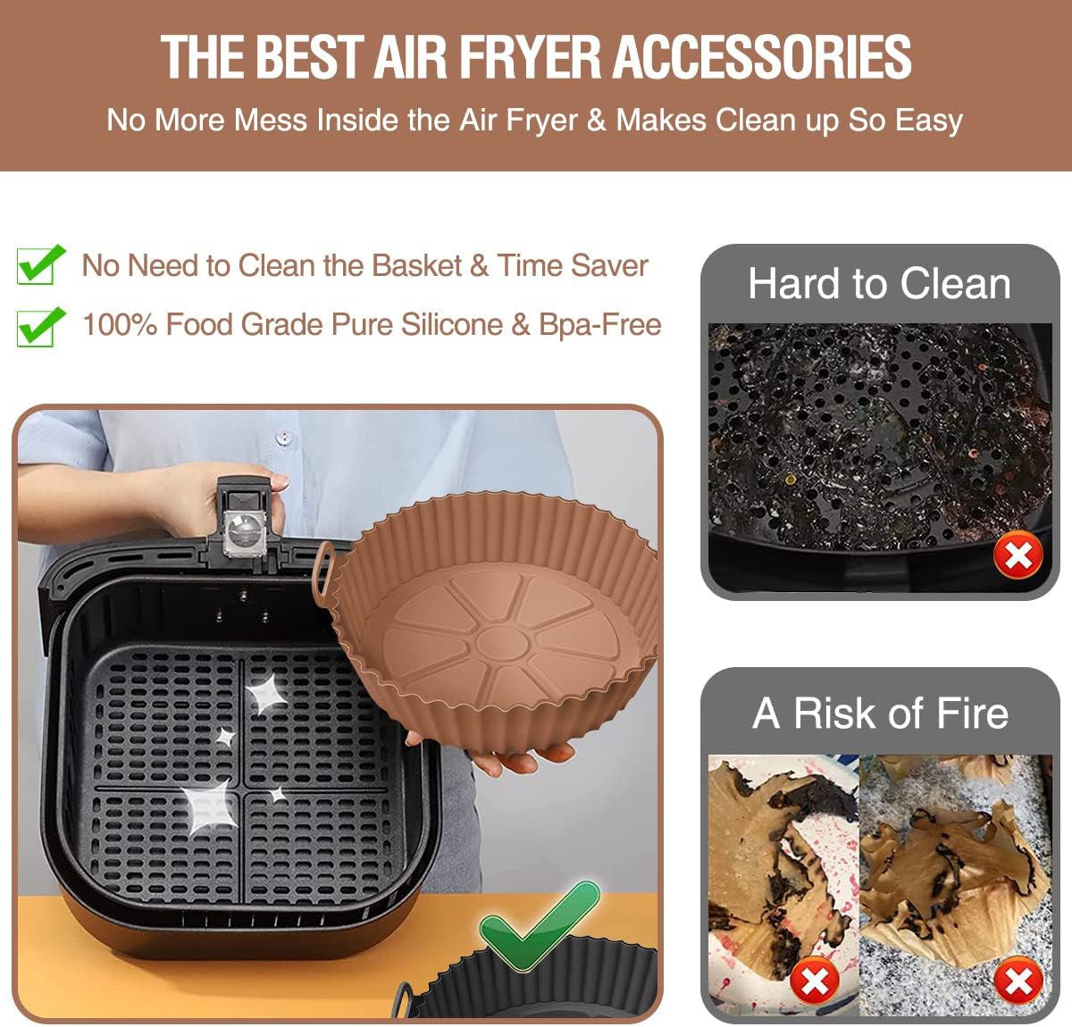 2 Pack Air Fryer Silicone Liners Pot for 3 to 5 QT, Basket Bowl, Replacement of Flammable Parchment Paper, Reusable Baking Tray Oven Accessories, Red+Blue, (Top 8in, Bottom 6.75in)