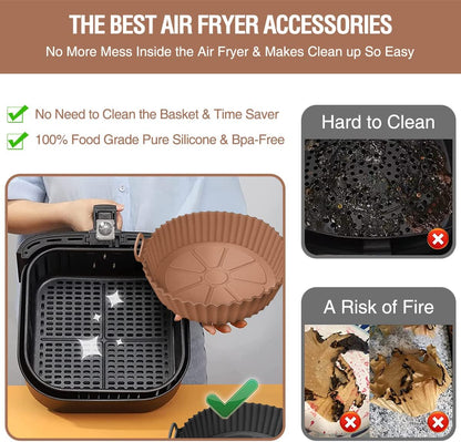 2 Pack Air Fryer Silicone Liners Pot for 3 to 5 QT, Basket Bowl, Replacement of Flammable Parchment Paper, Reusable Baking Tray Oven Accessories, Red+Blue, (Top 8in, Bottom 6.75in)