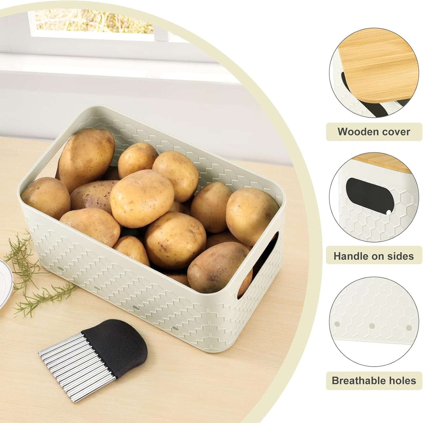 Kitchen Vegetable Storage Set of 3, Metal Onion Garlic Potato Storage Set, Kitchen Canisters Vegetable Keeper Containers with Aerating Holes and Bamboo Lid,Black
