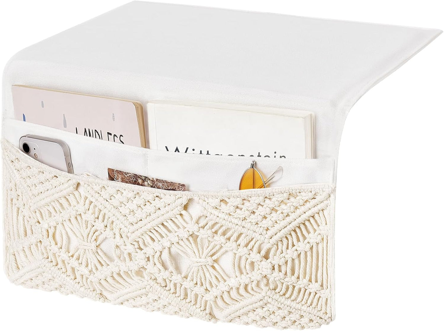 Mkono Macrame Bedside Caddy, Boho Bed Storage Organizer, 4 Pockets Ivory | Dorm Room Bed Caddy, Home Decor, Remote Control Magazine Glasses, Bedroom Living Room, Non-Slip, Space Saving Holder
