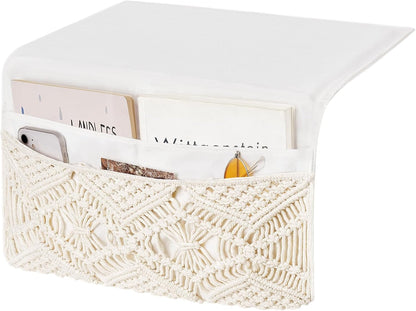 Mkono Macrame Bedside Caddy, Boho Bed Storage Organizer, 4 Pockets Ivory | Dorm Room Bed Caddy, Home Decor, Remote Control Magazine Glasses, Bedroom Living Room, Non-Slip, Space Saving Holder