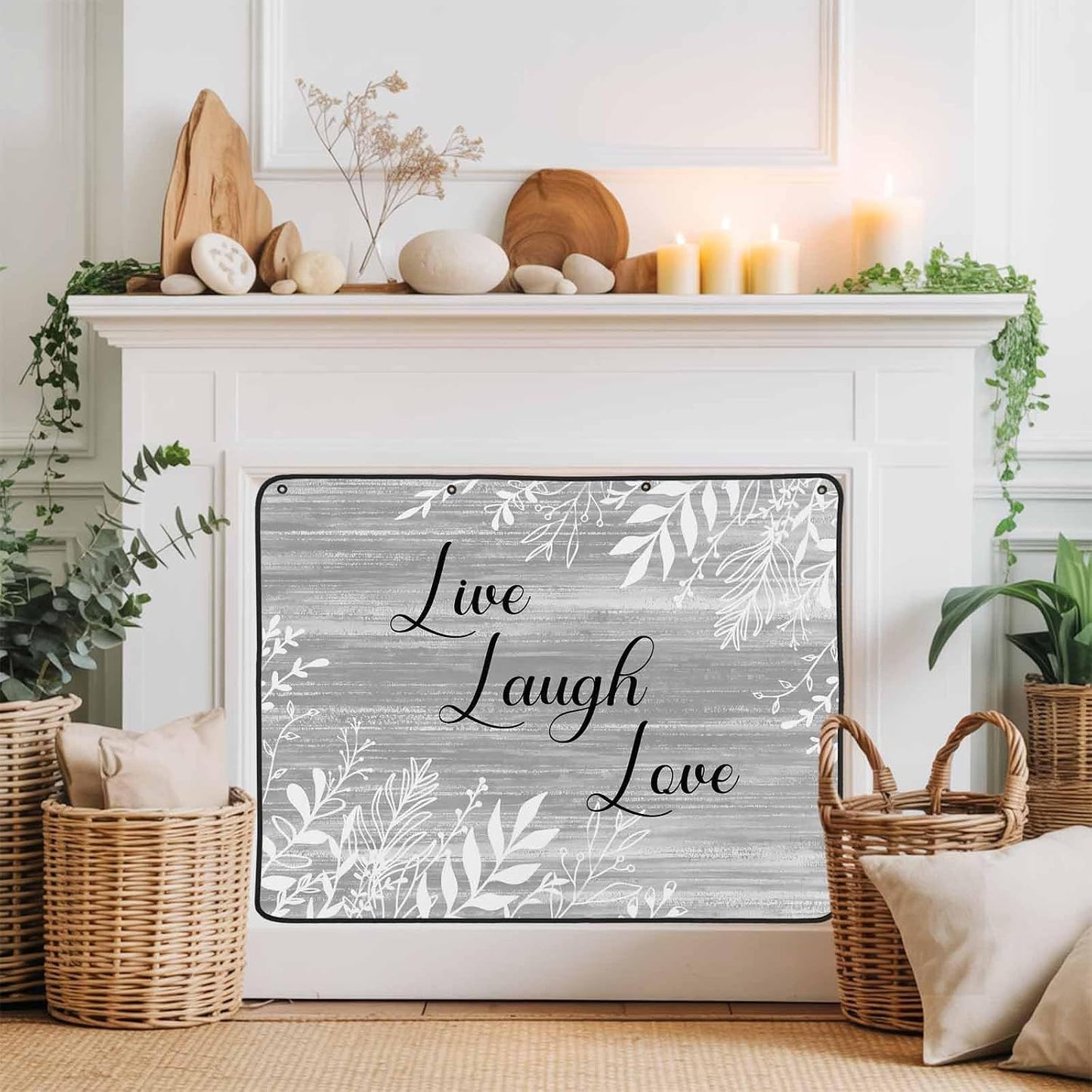 Magnetic Fireplace Cover Brown Rustic Wood Grain Fireplace Screen Decorative Leaves Laugh Love Insulation Fireplace Blocker Blanket Save Energy Fireplace Draft Stopper Covers for Living Room 36x30