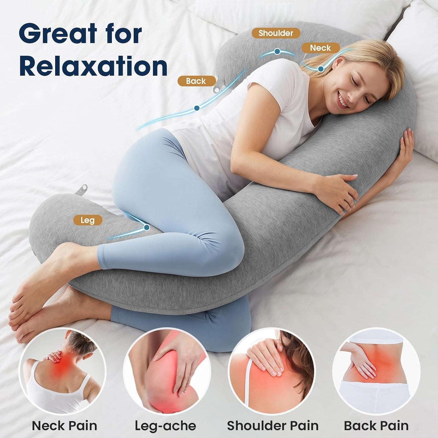 TranquilRelax C Shaped Body Pillow for Side Sleepers, Memory Foam Long Pillow for Leg, Hip & Back Support, Soft Washable Cover,Grey-47"*10"