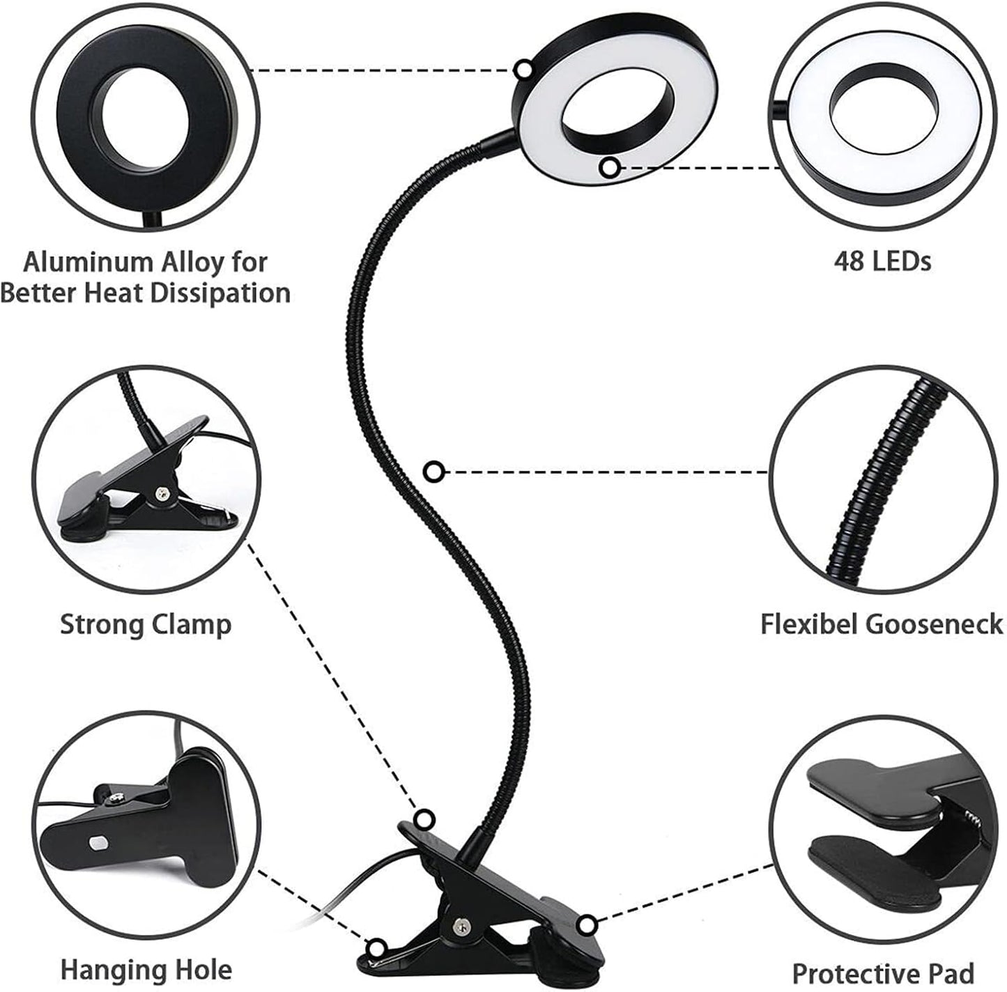 Brokimis Clip on Light LED Reading Book Study Eye Protection Desk Lamp | 3 Color Modes 10 Brightness 360° Flexible Gooseneck Student Dormitory Office Desk Lamp at Night in Bed