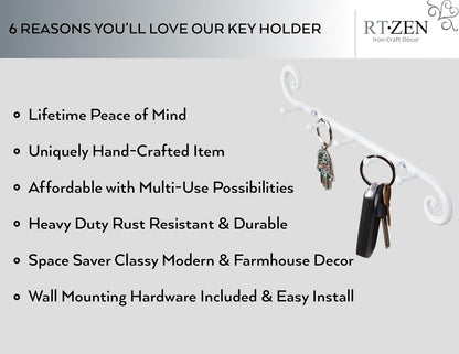 Farmhouse Small Key Holder for Wall, Wrought Iron Wall Mount Rack | Handcrafted Swirl Decorative, 5 Key Hooks for Home Entryway, Purse, Coat and Leash Holder or Organizer (Classic Black)