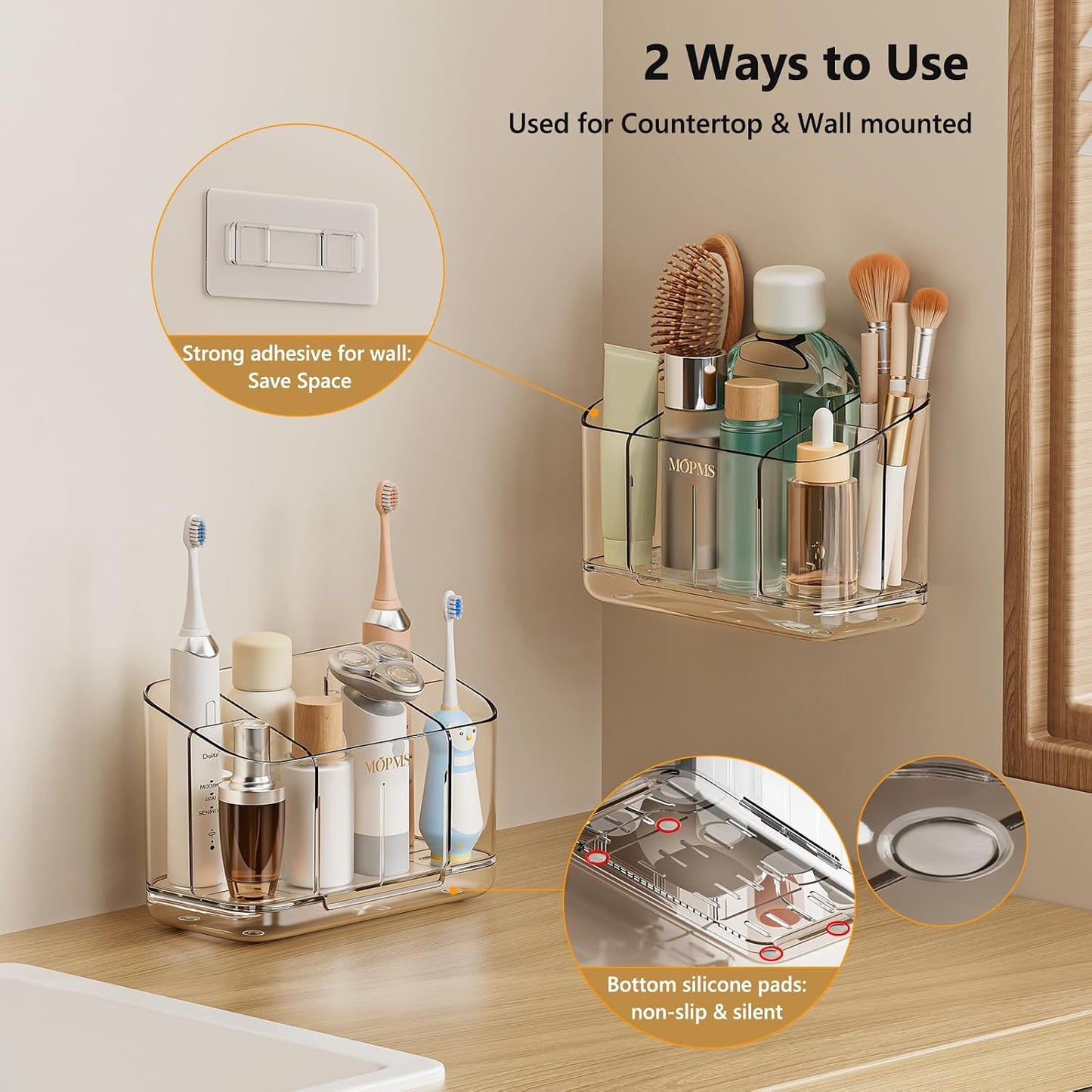 MOPMS Toothbrush Holders for Bathrooms with 5 Slots Adjustable Dividers | Electric Tooth Brush and Toothpaste Holder with Drain Tray for Easy Clean, Wall Mounted & Countertop Organizer for Shower