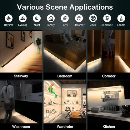 Motion Sensor Under Cabinet Lights - Plug-in LED Strip Lights Indoor with Power Adapter, Dimmer and Timer for Kitchen Cabinet, Counter, Shelf, Showcase, Stairway, Bedroom, Corridor, Washroom