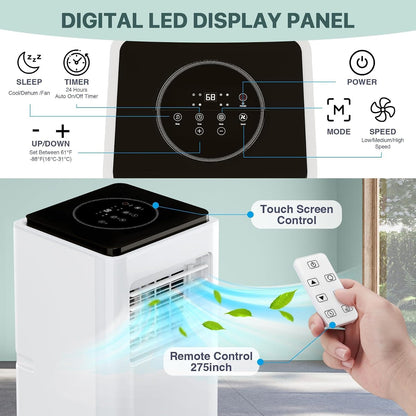 10000 BTU Portable Air Conditioner, 3 In1 Cooling Dehumidifier Fan, Quiet Fast Cooling, 4 Way Swing, LED Display, Remote, 24H Timer, 360° Wheels, Window Kit, Cools Rooms Up to 450 Sq.ft