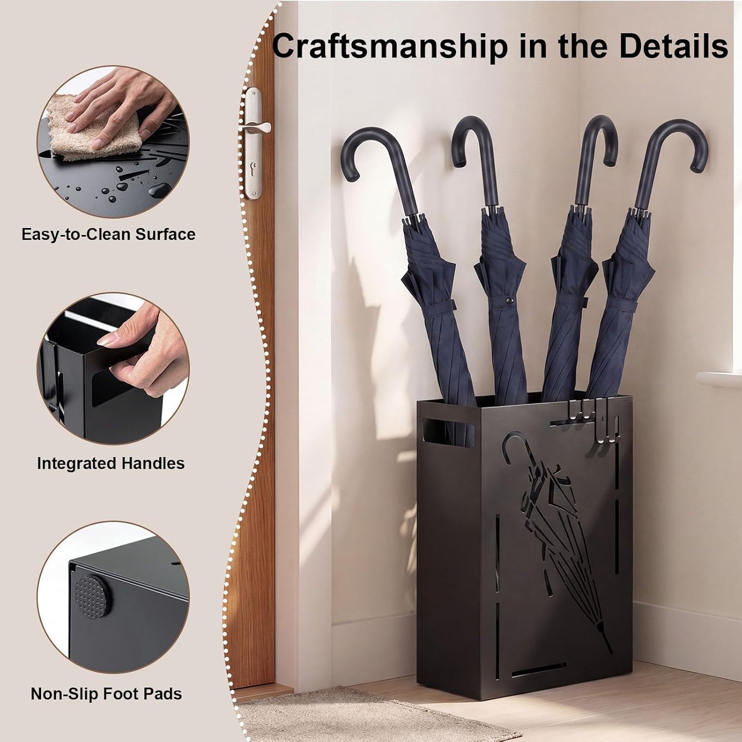 Goplus Metal Umbrella Holder, Indoor Umbrella Stand Freestanding, Black | Removable Drip Tray, 4 Hanging Hooks, Heavy-Duty Rectangular Umbrella Holders for Entryway, Home Office, 11 x 5 x 16 Inch