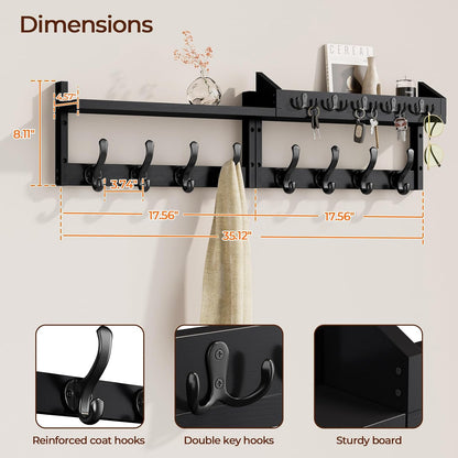 Evermagin 29" Coat Rack Wall Mount with Shelf & 11 Hooks, Entryway, Black | Wooden Wall Mounted Coat and Key Rack with Hooks, Key Hanger with Mail Holder for Living Room, Mudroom, Bedroom
