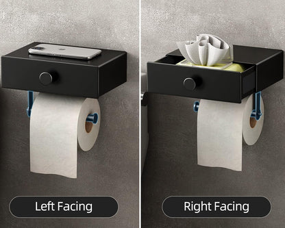 VOLDRA Toilet Paper Holder with Shelf Black Wipes Dispenser for Bathroom Toilet Paper Holder with Storage Upgrade Drawer Design Toilet Tissue Holder Adhesive Small Bathroom Shelf Wall Mount