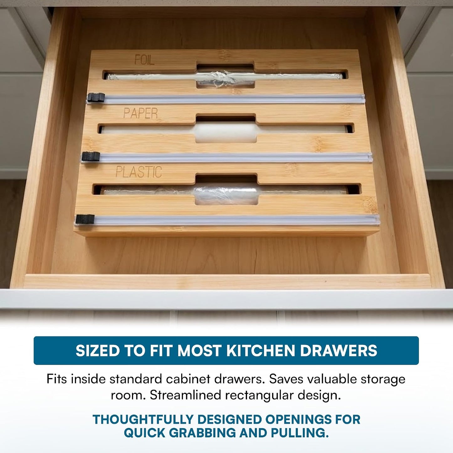 Honey-Can-Do Bamboo Wrap Organizer with Safety Cutter — 3-in-1 Drawer Holder for Aluminum Foil, Wax & Parchment Paper, and Plastic Wrap (Fits 12" Rolls)